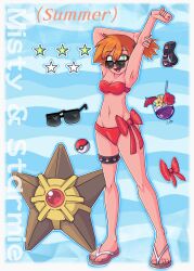 1girl armpits arms_up asymmetrical_hair bikini bow breasts character_name cleavage cocktail creatures_(company) cup drinking_straw flip-flops food fruit full_body game_freak gen_1_pokemon green_eyes highres legs looking_at_viewer medium_breasts misty_(pokemon) navel nintendo open_mouth orange_hair poke_ball poke_ball_(basic) pokemon pokemon_rgby ponytail red_bikini sandals shoes short_hair side_ponytail smile solo standing star_(symbol) staryu sunglasses swimsuit unworn_eyewear
