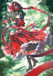 1girl boots brown_boots dress front_ponytail green_eyes green_hair hair_ribbon highres kagiyama_hina looking_at_viewer outdoors red_dress red_ribbon ribbon ringo_no_usagi ripples skirt_hold smile solo touhou water