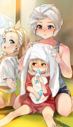 3girls aged_down bare_shoulders barefoot blonde_hair blue_eyes blue_shorts blush child collarbone commentary_request drying drying_hair electric_fan food food_in_mouth funi_mu9 grey_tank_top hair_between_eyes hair_ribbon highres indoors inoue_takina kurumi_(lycoris_recoil) long_hair looking_at_another looking_at_viewer lycoris_recoil multiple_girls nishikigi_chisato open_mouth pajamas partial_commentary popsicle popsicle_in_mouth purple_eyes red_eyes red_pajamas ribbon shirt short_hair shorts sitting sweatdrop tank_top tatami towel towel_on_head wariza white_shirt