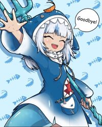 1girl animal_costume animal_hood blue_hair blue_hoodie closed_eyes ebi-chan_(gawr_gura) english_text fingernails fins fish_tail gawr_gura gawr_gura_(1st_costume) happy highres holding holding_polearm holding_weapon hololive hololive_english hood hoodie multicolored_hair open_mouth polearm shark_costume shark_girl shark_hood shark_tail sharp_teeth solo speech_bubble tail teaholic teeth trident two-tone_hair virtual_youtuber weapon white_hair