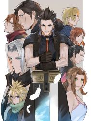 2girls 6+boys aerith_gainsborough angeal_hewley aqua_eyes armor bindi black_gloves black_hair black_jacket black_pants blonde_hair blue_eyes blue_shirt braid braided_ponytail breasts brown_eyes brown_hair buster_sword cissnei cloud_strife crisis_core_final_fantasy_vii dress earrings facial_hair facial_scar falling_feathers feathers final_fantasy final_fantasy_vii genesis_rhapsodos glasses gloves green_eyes green_hair green_scarf hair_between_eyes hair_ribbon hair_slicked_back highres holding holding_sword holding_weapon jacket jewelry jjn_ff7 lazard_deusericus long_hair looking_at_viewer medium_breasts multiple_boys multiple_girls mystical_high_collar pants parted_bangs pillarboxed pink_ribbon ponytail red_jacket ribbon scar scar_on_cheek scar_on_face scarf sephiroth shinra_infantry_uniform shirt short_hair shoulder_armor sideburns sidelocks single_earring sleeveless sleeveless_dress sleeveless_turtleneck spiked_hair square_enix striped_clothes striped_shirt suit_jacket sword tseng turtleneck upper_body weapon white_dress zack_fair