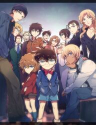 6+boys 6+girls agasa_hiroshi akai_shuuichi akiyoshi_(tama-pete) amuro_tooru andre_camel beanie blonde_hair blue_eyes bob_cut bow bowtie breasts brown_hair character_request check_character child cleavage commentary_request crossed_arms edogawa_conan everyone facial_hair glasses green_eyes grey_hair haibara_ai hand_on_own_chin hands_in_pockets hat james_black jodie_starling kudou_yukiko kudou_yuusaku long_hair looking_at_viewer looking_down looking_to_the_side meitantei_conan mizunashi_rena multiple_boys multiple_girls mustache one_eye_closed partial_commentary red_bow red_bowtie red_lips satou_miwako sera_masumi short_hair shorts sitting vermouth_(meitantei_conan) very_long_hair