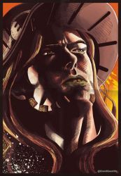Rule 34 | 1boy, black border, blonde hair, border, clint eastwood, commentary, cowboy, cowboy hat, english commentary, faux traditional media, fusion, gold teeth, grandguerrilla, green eyes, green lips, gyro zeppeli, hat, hatching (texture), highres, jojo no kimyou na bouken, lipstick, long hair, makeup, male focus, parted lips, portrait, real life, solo, steel ball run, twitter username, cowboy western