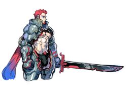 1boy abs absolum_art absurdres armor bara bare_pectorals beard black_male_underwear blue_eyes bulge cropped_legs facial_hair highres holding holding_sword holding_weapon knight large_pectorals male_underwear muscular muscular_male navel navel_hair nipples original pectorals pubic_hair pubic_hair_peek red_hair solo sword underwear weapon