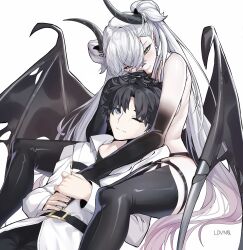 1boy 1girl ;) bare_shoulders black_boots black_hair black_hands black_horns black_wings blue_eyes blush boots closed_mouth colored_extremities crossed_bangs fate/grand_order fate_(series) fujimaru_ritsuka_(male) green_eyes hand_on_another&#039;s_head highres horns lilith_(fate) long_hair looking_at_another looking_down one_eye_closed pointy_ears simple_background smile therrao thigh_boots white_background white_hair wings