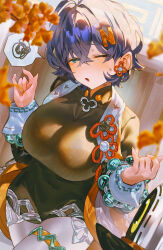 1girl belle_(delicate_sunlight)_(zenless_zone_zero) belle_(zenless_zone_zero) black_dress blue_hair breasts covered_navel dress green_eyes hair_ornament highres indol large_breasts letter_hair_ornament looking_at_viewer official_alternate_costume one_eye_closed open_clothes open_mouth open_shirt pantyhose short_hair solo spoken_squiggle squiggle white_pantyhose zenless_zone_zero