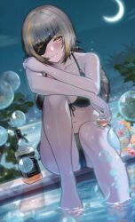 Rule 34 | 1girl, air bubble, alcohol, art undertaker, bare arms, bikini, blonde streaks, blush, breasts, brown hair, brown streaks, bubble, cleavage, crescent moon, cup, drinking glass, eyepatch, front-tie bikini top, front-tie top, girls&#039; frontline, glass bottle, highres, holding, holding cup, knee up, large breasts, long hair, looking at viewer, low-braided long hair, low-tied long hair, m16a1 (girls&#039; frontline), moon, navel, night, night sky, o-ring, o-ring bikini, o-ring top, poolside, scar, scar across eye, scar on face, sky, smile, solo, sparkle, sparkling aura, stomach, swimsuit, thighs, whiskey