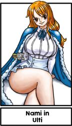 1girl artist_logo artist_name bare_legs black_hair breasts brown_eyes cape character_name closed_mouth cosplay dress fur-trimmed_cape fur_trim iury_padilha large_breasts logo nami_(one_piece) naughty_face one_piece orange_hair short_dress smile tagme thick_thighs thighs ulti_(one_piece) ulti_(one_piece)_(cosplay)