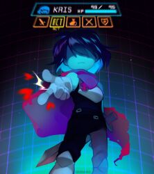 Rule 34 | 1other, armor, artist name, blue hair, blue skin, breastplate, cape, character name, closed mouth, colored skin, commentary, deltarune, expressionless, feet out of frame, from below, health bar, heart, highres, kris (dark world) (deltarune), kris (deltarune), other focus, partially shaded face, pink cape, pointing, pointing at viewer, qiinamii, short hair, solo, sword, user interface, weapon