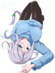 1girl alternate_costume blue_eyes blue_sweater braid breasts grey_hair hair_tie highres kantai_collection large_breasts long_hair long_sleeves looking_at_viewer looking_up lying mole mole_under_eye one-hour_drawing_challenge pantyhose saburou_hiji solo sweater turtleneck turtleneck_sweater umikaze_(kancolle) umikaze_(mitsukoshi)_(kancolle) very_long_hair white_background