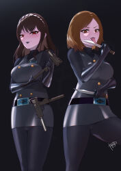 ahim_de_famille belt black_lips brown_hair commission corruption dark_persona gloves gun highres kaizoku_sentai_gokaiger knife licking licking_blade licking_weapon looking_at_viewer luka_millfy miniskirt pantyhose pixiv_commission skirt smile super_sentai weapon yami-mochi