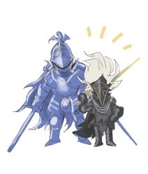 2boys armor armored_boots banished_knight banished_knight_oleg boots chibi chinese_commentary codpiece commentary_request elden_ring full_armor full_body gauntlets greaves height_difference highres holding holding_sword holding_weapon knight long_hair multiple_boys over_shoulder plume simple_background standing sword sword_over_shoulder tarnished_(elden_ring) tworain_w very_long_hair weapon weapon_over_shoulder white_background