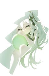 1girl absurdres alternate_hair_length alternate_hairstyle bare_shoulders closed_mouth commentary cropped_legs genshin_impact gold_trim green_eyes hair_between_eyes hair_ornament highres long_hair luyue nahida_(genshin_impact) orb pointy_ears side_ponytail signature sleeveless smile solo star-shaped_pupils star_(symbol) symbol-shaped_pupils very_long_hair white_background white_hair