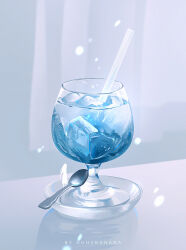 1girl artist_name blue_theme cup drink drinking_glass drinking_straw english_text food_focus glass highres huhv. ice ice_cube original reflection solo spoon still_life