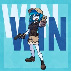 1girl :d absurdres black_shirt blue_background blue_hair blush_stickers breasts brown_gloves brown_shoes brown_shorts bulletproof_vest cirno cirno_(cookie) colored_skin commentary cookie_(touhou) full_body gloves gun handgun highres holding holding_gun holding_weapon looking_at_viewer medium_breasts open_mouth psychic_parrot shirt shoes short_hair shorts smile socks solo touhou v weapon white_eyes white_skin white_socks