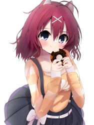 1girl absurdres ahoge alternate_costume amairo_islenauts animal_ears blue_eyes blush bow bow_skirt breasts casual chocolate_donut closed_mouth commentary cowboy_shot donut fang food hair_between_eyes hair_ornament hands_up happy highres holding holding_donut holding_food large_breasts looking_at_viewer masaki_gaillard medium_hair non_billiar orange_shirt pleated_skirt red_hair shirt simple_background skirt sleeves_past_wrists smile solo split_mouth suspender_skirt suspenders tareme white_background white_bow wolf_ears wolf_girl x_hair_ornament