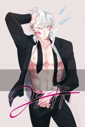 1boy abs facial_mark formal_clothes grey_hair lipstick_mark lipstick_mark_on_face male_focus naruto_(series) naruto_shippuuden nipples open_clothes pectorals red_eyes senju_tobirama solo vosovic