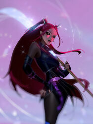 1girl absurdres black_bodystocking black_pantyhose dress highres holding holding_weapon jiunn_kuo kpop_demon_hunters leather_dress long_hair looking_at_viewer makeup mascara mira_(kpop_demon_hunters) pantyhose pink_eyes solo weapon zipper_dress