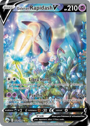 animal_focus artist_name blue_flower card_(medium) character_name closed_mouth company_name copyright_name copyright_notice english_text flower galarian_form galarian_rapidash gen_8_pokemon glowing_horns horns leaf nintendo no_humans official_art pokemon pokemon_(creature) pokemon_card pokemon_focus pokemon_tcg single_horn solo sui_(petit_comet) third-party_source trading_card unicorn