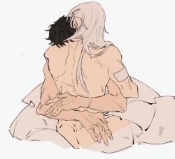 Rule 34 | 2boys, arms around waist, ass, aymeric de borel, back, back muscles, black hair, commentary request, completely nude, estinien varlineau, final fantasy, final fantasy xiv, hug, long hair, male focus, multiple boys, nude, pointy ears, simple background, spacebirds, under covers, veins, white background, white hair, yaoi