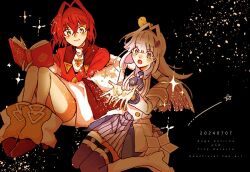 2girls :o ange_katrina ange_katrina_(1st_costume) animal animal_on_head ankle_boots armband bare_legs bird bird_on_head black_background blue_neckerchief blue_skirt blue_thighhighs blush book boots brown_boots brown_coat buttons cardigan character_name closed_mouth coat collared_shrug commentary dated double-breasted english_text fur_coat grey_eyes hair_between_eyes hair_intakes hair_ornament hand_up hands_up high-waist_skirt holding holding_book knee_boots knees_up layered_skirt light_particles lize_helesta lize_helesta_(1st_costume) long_bangs long_hair long_sleeves miniskirt monocle moofymnm multiple_girls neckerchief nijisanji nose_blush off_shoulder on_head open_book open_mouth own_hands_together pleated_skirt purple_eyes red_cardigan red_hair sebastian_piyodore shirt short_hair shrug_(clothing) side-by-side sitting skirt smile sparkle symbol-only_commentary thigh_strap thighhighs very_long_hair virtual_youtuber wariza white_boots white_hair white_shirt white_shrug white_skirt yellow_bird zettai_ryouiki