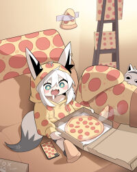 +_+ 1girl :3 :d absurdres ahoge animal_ears blue_eyes blush cellphone cocomayo29_(tomato) commentary_request couch ears_through_hood fang food food_print fox_ears fox_girl fox_tail highres hololive hood hoodie indoors korean_commentary long_sleeves looking_at_food miteiru_(shirakami_fubuki) open_mouth phone photo-referenced pizza pizza_box pizza_print pizza_slice print_hoodie saliva shirakami_fubuki sitting smile solo tail virtual_youtuber white_hair