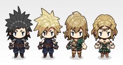 1girl 3boys armor belt black_hair blonde_hair blue_pants blue_shirt bracer braid brown_belt brown_gloves chibi chibi_only circlet cloud_strife crown_braid dress earrings final_fantasy final_fantasy_vii final_fantasy_vii_rebirth final_fantasy_vii_remake gladiator_sandals gloves green_dress green_sash hair_between_eyes hair_slicked_back jewelry link long_dress medium_hair multiple_belts multiple_boys nin_nakajima nintendo pants parted_bangs pauldrons pointy_ears princess_zelda sandals sash shirt short_hair shoulder_armor sidelocks single_pauldron spiked_hair strapless strapless_dress suspenders the_legend_of_zelda the_legend_of_zelda:_tears_of_the_kingdom two-tone_dress white_background white_dress zack_fair
