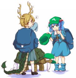 1boy 2girls ankle_socks antlers backpack bag beard black_footwear blonde_hair blue_bag blue_eyes blue_footwear blue_hair blue_shirt blue_skirt blush boots closed_mouth collared_shirt commentary dragon_girl dragon_horns dragon_tail eighth_note english_commentary facial_hair flat_cap frilled_shirt_collar frills full_body genjii_(touhou) green_headwear hair_bobbles hair_ornament hand_on_own_chin hand_on_own_face hat hitodama_print horns kawashiro_nitori key kicchou_yachie long_skirt long_sleeves looking_at_another looking_back medium_hair multiple_girls musical_note pleated_skirt pocket puffy_short_sleeves puffy_sleeves red_eyes rubber_boots scales shirt short_hair short_sleeves sidelocks simple_background skirt skirt_set slit_pupils smile socks spoken_musical_note standing sweatdrop swept_bangs tail thick_eyebrows tortoise touhou touhou_(pc-98) turtle turtle_shell twintails white_background white_legwear wool_(miwol)
