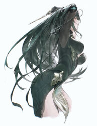 1girl black_hair breasts cheng_(zi74438982) china_dress chinese_clothes cowboy_shot dress from_side gloves green_dress green_hair halter_dress halterneck hanying_(pgr) highres holding large_breasts long_hair punishing:_gray_raven simple_background solo white_background