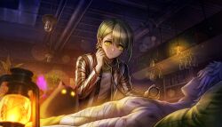 2boys androgynous bandages bruise frown furrowed_brow green_eyes green_hair hair_between_eyes highres holding holding_stethoscope injury jacket kohinata_koishi lantern looking_at_another male_focus multiple_boys non-web_source official_art otori_ojirou parted_lips q_(tribe_nine) short_hair solo_focus stethoscope striped_clothes striped_jacket tribe_nine vertical-striped_clothes vertical-striped_jacket