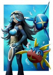 1girl ass big_hair black_hair blue_eyes blue_eyeshadow blue_hair bodysuit breasts bubble carvanha chain_belt clothing_cutout cross_scar dark-skinned_female dark_skin diving_suit eyeshadow fangs fish from_side gen_3_pokemon gloves goggles goggles_on_head grin hair_over_one_eye hand_on_own_hip highres lips lipstick long_hair makeup medium_breasts midriff multicolored_hair nabe_puyo nintendo parted_lips pokemon pokemon_(creature) pokemon_oras red_eyes red_lips ribs scar shark sharp_teeth sharpedo shelly_(pokemon) shoulder_cutout smile team_aqua teeth thigh_cutout two-tone_hair underwater waist_cutout water wetsuit