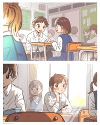 2koma 4girls 6+boys artist_name black_eyes blue_dress blush blush_stickers brown_hair chair chalkboard classroom collared_shirt comic couple day desk dress dress_shirt eye_contact glasses hair_ornament hairpin hetero highres holding holding_pencil indoors jealous long_sleeves looking_at_another maekawa_wakaba mechanical_pencil multiple_boys multiple_girls on_chair open_mouth original pencil people pinafore_dress ponytail round_eyewear school_chair school_desk school_uniform semi-rimless_eyewear shirt short_hair silent_comic sitting sleeveless sleeveless_dress smile sunlight under-rim_eyewear white_shirt