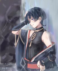 1boy armor armpit_crease artist_name bathing_in_waterfall black_bodysuit black_hair black_kimono black_sleeves blunt_ends bodysuit closed_mouth eyeliner eyeshadow fingernails genshin_impact gold gold_trim hand_on_own_head hand_on_own_hip highres huiyue1016 japanese_armor japanese_clothes jewelry juban kimono kote kurokote looking_to_the_side makeup male_focus mitsudomoe_(shape) neck_ring off_shoulder open_clothes open_hand open_kimono purple_eyes purple_sash red_eyeliner red_eyeshadow red_kimono red_sash sash scaramouche_(genshin_impact) short_sleeves smile solo tomoe_(symbol) water waterfall wet white_kimono wispy_bangs