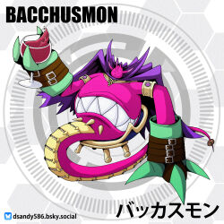 Rule 34 | 1boy, absurdres, bacchusmon, cape, character name, circle, colored skin, cup, d sandy, digimon, digimon (creature), drinking glass, extra mouth, gloves, green gloves, highres, holding, holding cup, olympos xii, pink skin, purple cape, sharp teeth, solo, teeth, wine glass