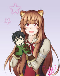 1girl :d animal_ear_fluff animal_ears armor artist_name black_dress blunt_bangs blush breastplate brown_gloves brown_hair character_doll chinese_commentary collared_dress commentary_request doll dress elbow_gloves gloves gradient_background hands_up high_collar highres holding holding_doll iwatani_naofumi layered_dress leather_armor long_hair long_sleeves metal_arm_cuffs metal_hair_tubes metal_wrist_cuffs neck_ribbon open_mouth pink_background raccoon_ears raccoon_girl raphtalia red_dress red_eyes red_ribbon ribbon signature sleeveless sleeveless_dress smile solo star_(symbol) straight_hair striped_clothes striped_dress sylvia_rintsuki tate_no_yuusha_no_nariagari two-tone_dress vertical-striped_clothes vertical-striped_dress white_background white_dress
