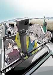 5girls afro_(kngotezo) akiyama_haruno amamiya_satsuki_(mono) black_hair blue_eyes brown_eyes camera car cat character_request commentary_request day glasses grey_eyes grey_hair highres kiriyama_an komada_kako long_hair mono_(afro) motor_vehicle mountainous_horizon multiple_girls official_art outdoors shikishima_sakurako short_hair white_cat