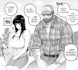 1boy 1girl arm_hair bag baseball_cap beard belt bread breasts camisole commentary_request degrees_of_lewdity dy0urre1n eden_(degrees_of_lewdity) eden_(male)_(degrees_of_lewdity) facial_hair food frown greyscale hat highres korean_commentary korean_text large_breasts monochrome plaid_clothes plaid_shirt player_character_(degrees_of_lewdity) player_character_(female)_(degrees_of_lewdity) shirt shorts sitting sleeves_rolled_up speech_bubble sweat thought_bubble translation_request yuri_(dy0urre1n)