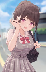 1girl :d bag belt black_bag blue_sky blurry blurry_background bow bowtie breasts brown_hair choppy_bangs cloud collared_shirt commentary_request cowboy_shot day dengeki_bunko dot_nose dress fingernails fujishiro_noa grey_belt grey_dress hand_up head_tilt highres holding holding_own_hair holding_strap koibana_kore_wa_tomodachi_no_hanashi_nandakedo large_breasts light_blush long_hair looking_at_viewer open_mouth outdoors pattern_request pleated_dress ponytail purple_eyes red_bow shiromikan shirt short_sleeves shoulder_bag sky smile solo swept_bangs textless_version white_shirt