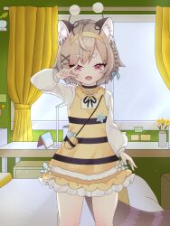 1girl animal_ear_fluff animal_ears bed bee beeko_(komachi_panko) bow bug commission curtains dress flower frilled_dress frills hair_bow hair_ribbon headband highres indoors insect knee_up knees_up komachi_panko kyoichi official_alternate_costume phase_connect red_eyes red_panda_ears red_panda_tail ribbon room solo standing tail v virtual_youtuber window