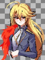 1girl :| baeloe blonde_hair blue_coat checkered_background closed_mouth coat don_quixote_(project_moon) epaulettes feather_boa limbus_company looking_at_viewer loose_hair_strand pixel_art project_moon red_eyes sancho_(project_moon) shirt single_epaulette solo upper_body white_shirt