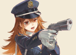1girl absurdres blue_sleeves breasts brown_hair character_request cleavage collared_shirt commentary ddal gloves gun hair_between_eyes handgun hat highres holding holding_gun holding_weapon long_sleeves peaked_cap police police_hat police_uniform red_eyes shirt simple_background solo symbol-only_commentary weapon white_gloves