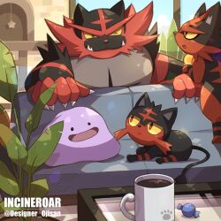 :o artist_name black_eyes blue_sky blush candy character_name claws closed_mouth cloud coffee coffee_mug coffee_table colored_sclera commentary_request couch creatures_(company) cup day designer_ojisan ditto evolutionary_line fangs fangs_out food frown game_freak gen_1_pokemon gen_7_pokemon green_eyes highres incineroar litten looking_at_another mug nintendo no_humans on_couch one_eye_closed open_mouth paw_print plant pokemon pokemon_(creature) potted_plant red_eyes sky smile star_(symbol) table torracat twitter_username v-shaped_eyebrows window yellow_sclera