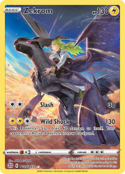 Rule 34 | 1boy, artist name, black sclera, black shirt, bracelet, card (medium), character name, closed mouth, cloud, colored sclera, company name, copyright name, copyright notice, dragon, dragon wings, egawa akira, english text, flying, gen 5 pokemon, green hair, green shoes, grey pants, jacket, jewelry, legendary pokemon, long hair, long sleeves, n (pokemon), nintendo, no headwear, official art, pants, pokemon, pokemon (creature), pokemon bw, pokemon card, pokemon tcg, ponytail, riding, riding pokemon, shirt, shoes, sky, smile, third-party source, trading card, white eyes, white jacket, wings, zekrom