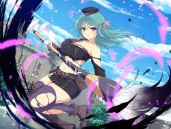 bashou_(senran_kagura) breasts building calligraphy_brush cityscape cleavage concealed_weapon day fighting floral_print_bow garrison_cap giant_brush gloves green_hair hat large_breasts leather_vest medium_hair midair military_uniform navel non-web_source official_art paintbrush paintbrush_hair_ornament purple_eyes senran_kagura senran_kagura_new_link senran_kagura_new_wave torn_boots torn_clothes torn_sleeve tree weapon