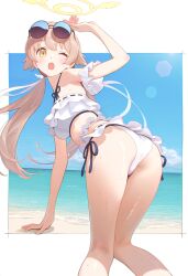 1girl ;o ai-assisted all_fours arm_up ass bikini blue_archive blue_sky blush border brown_eyes commentary day eyelashes eyewear_on_head feet_out_of_frame frilled_bikini frills hair_between_eyes hair_ornament hair_ribbon halo hifumi_(blue_archive) hifumi_(swimsuit)_(blue_archive) highres knees_together_feet_apart lens_flare light_brown_hair long_hair long_ribbon looking_at_viewer looking_back low_twintails ocean official_alternate_costume one_eye_closed open_mouth outdoors outside_border poki_(j0ch3fvj6nd) ribbon ribbon-trimmed_swimsuit ribbon_trim round_eyewear side-tie_bikini_bottom sky solo sunglasses sweat swimsuit tareme thighs twintails white_bikini white_border white_ribbon wing_hair_ornament yellow_halo