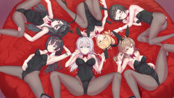 6+girls alisa_mikhailovna_kujou animal_ears ass black_hair black_leotard blonde_hair blue_eyes bow bowtie breasts brown_eyes brown_hair detached_collar fake_animal_ears fake_tail fishnet_leotard fishnets from_above hair_ornament hairclip highres kimishima_ayano leotard long_hair looking_at_viewer mariya_mikhailovna_kujou miyamae_nonoa multiple_girls okina_(805197) playboy_bunny rabbit_ears rabbit_tail red_bow red_bowtie short_hair strapless strapless_leotard suou_yuki tail taniyama_sayaka thighs tokidoki_bosotto_roshia-go_de_dereru_tonari_no_alya-san white_hair white_wrist_cuffs wrist_cuffs yellow_eyes