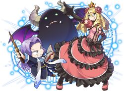 1boy 1girl anne_punt_quettebuss artist_request bat_wings belt black_bow black_choker black_coat black_gloves black_outline black_sleeves black_socks blonde_hair blue_pants book bow breasts brown_shoes character_name choker clothing_request coat commentary_request demon demon_horns detached_sleeves elbow_gloves fangs flower footwear_bow forehead frilled_gloves frilled_skirt frills game_cg gloves glowing glowing_eyes green_eyes gungho hair_between_eyes hair_flower hair_intakes hair_ornament holding holding_book holding_wand horns light_blush light_particles long_hair long_skirt long_sleeves mandarin_collar medium_breasts official_art outline pants pink_shoes pink_skirt pointing polka_dot polka_dot_bow princess princess_punt puffy_short_sleeves puffy_sleeves purple_hair red_flower red_rose ringlets rose second-party_source shoes short_male short_sleeves skirt socks strapless summons_board teeth v-shaped_eyebrows v-shaped_eyes very_long_hair wand white_background wings yellow_belt yellow_eyes