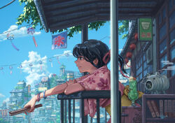 Rule 34 | 1girl, absurdres, artist name, black eyes, black hair, blue sky, bookshelf, bracelet, building, cherry, cityscape, closed mouth, cloud, commentary request, day, drink, floral print, floral print kimono, food, from side, fruit, glass, hair ribbon, hand fan, hand on own arm, highres, holding, holding fan, japanese clothes, jewelry, kimono, light smile, obi, original, outdoors, outstretched arm, pink kimono, pink ribbon, porch, print kimono, ribbon, ryon40716441, sash, scenery, short sleeves, signature, sky, solo, wide sleeves, wind chime, window