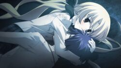 1boy 1girl antenna_hair arms_around_neck between_breasts black_bow black_ribbon blazer blue_hair bow bowtie breasts brown_jacket buttons chaos;head chaos;head_love_chu_chu! closed_eyes closed_mouth collared_shirt couple dirty dirty_clothes ears_visible_through_hair earthquake flat_chest game_cg hair_bow hair_ribbon head_between_breasts head_hug hetero hug jacket light_blush long_hair long_sleeves lying matsuo_yukihiro nishijou_takumi official_art on_ground on_side orihara_kozue plaid_bow plaid_bowtie plaid_clothes plaid_skirt pleated_skirt purple_bow purple_bowtie purple_skirt red_trim ribbon school_emblem school_uniform shirt skirt smile suimei_academy suimei_school_uniform swept_bangs twintails white_petticoat white_shirt