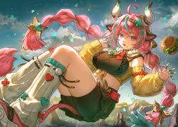 ahoge animal_ears bike_shorts_under_skirt black_shorts black_skirt braid breasts burger cable_knit cow_ears cow_horns cow_tail crop_top detached_sleeves ear_bell food food_on_face genshin_impact green_streaks hair_ornament hairband highres horns large_breasts leg_warmers long_hair looking_at_viewer midriff mira_(345toron) multicolored_hair open_mouth pink_hair pink_shoes purple_eyes shoes shorts skirt streaked_hair tail teeth twin_braids varesa_(genshin_impact) very_long_hair white_leg_warmers